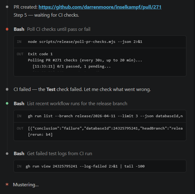 The AI fixing a CI failure and retrying automatically