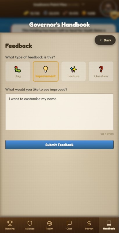 The in-game feedback dialog on mobile