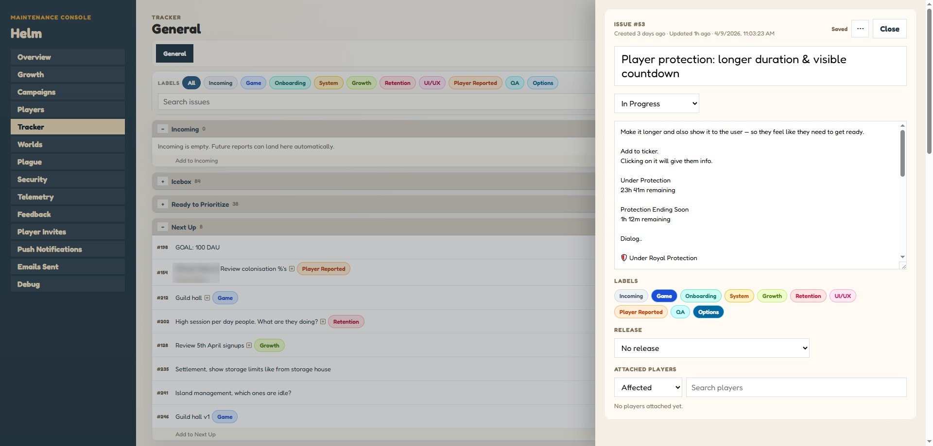 Helm tracker showing issues organised by list