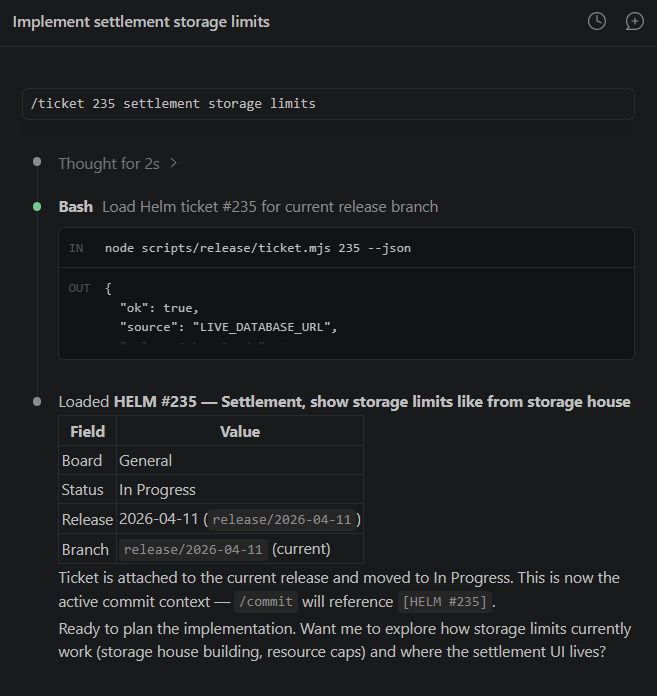 The /ticket command in Claude Code loading an issue from Helm