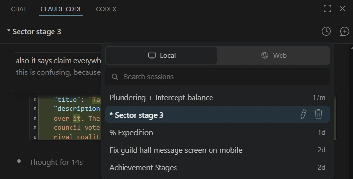 A Claude Code session named "* Sector stage 3", marked with a star so I know it's the one I'm mid-thought on.