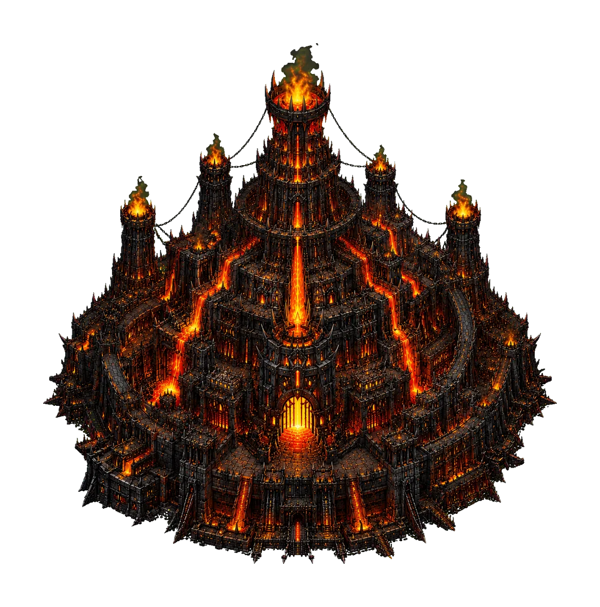 Concept art of a vast tiered citadel veined with rivers of lava, ringed by burning towers.