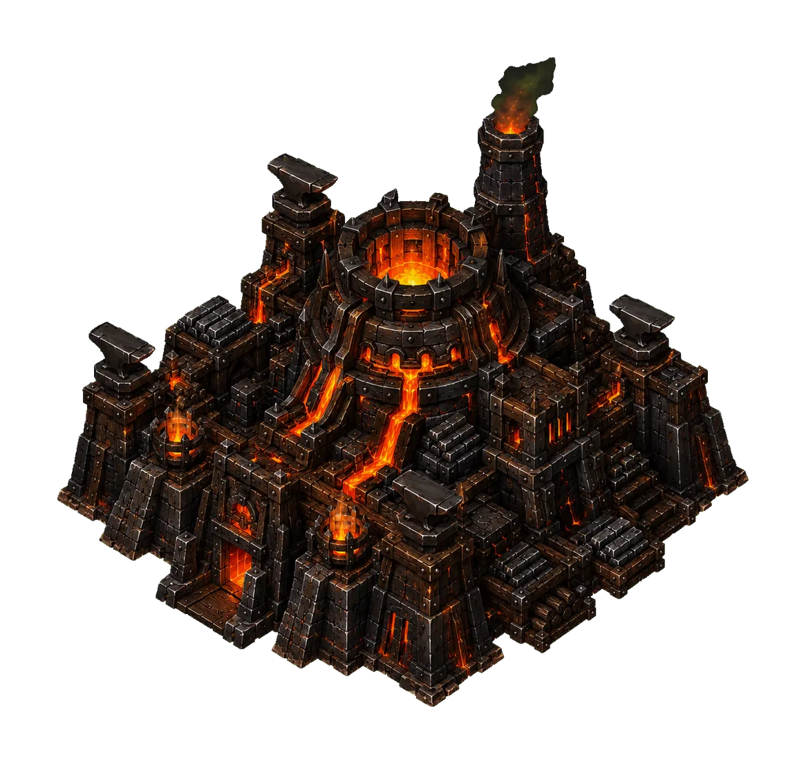 Concept art of a forge fortress with anvils and a central furnace pouring molten lava.