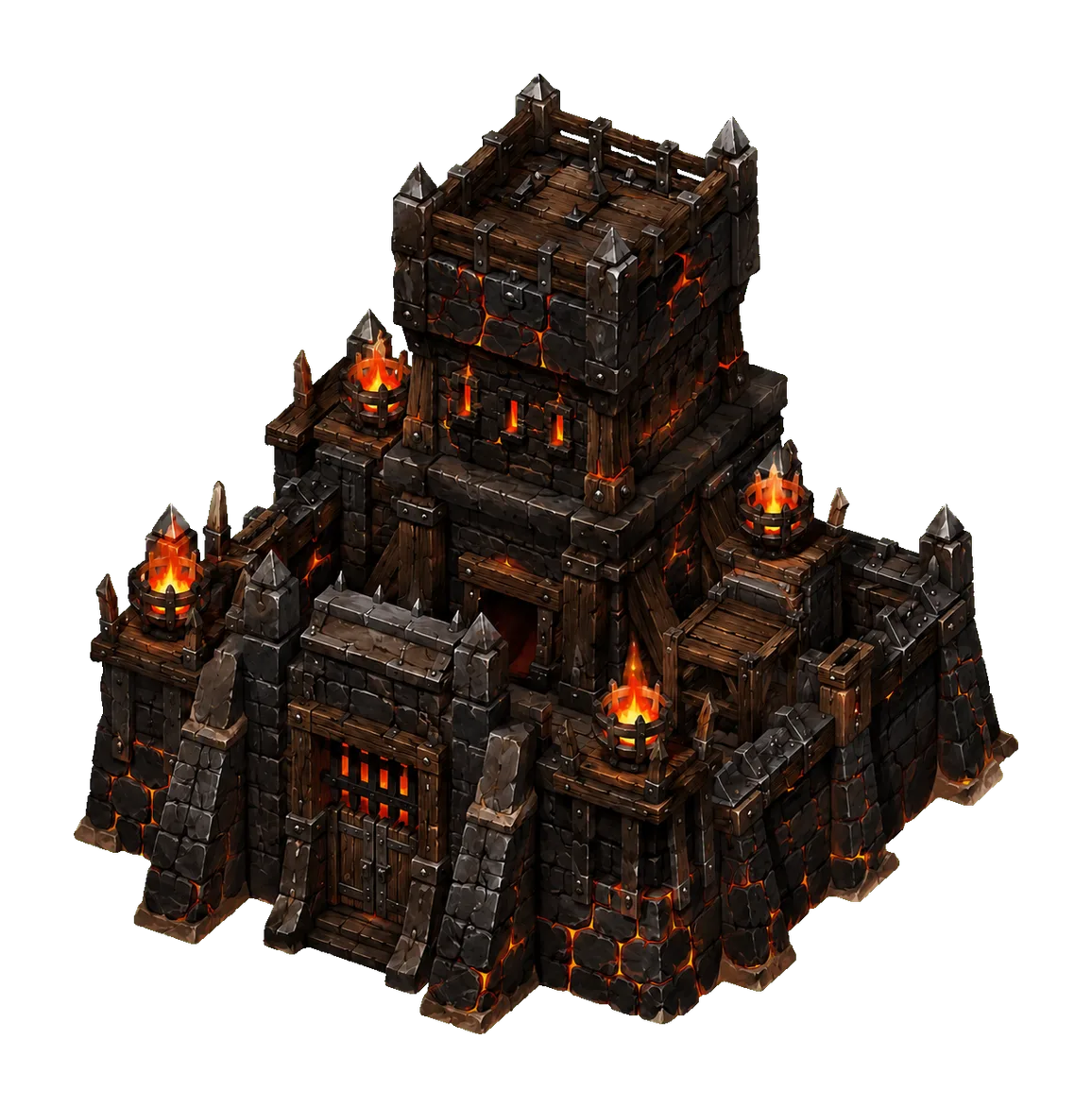 Concept art of a fortified keep of black stone, lit by lava seams and iron braziers.