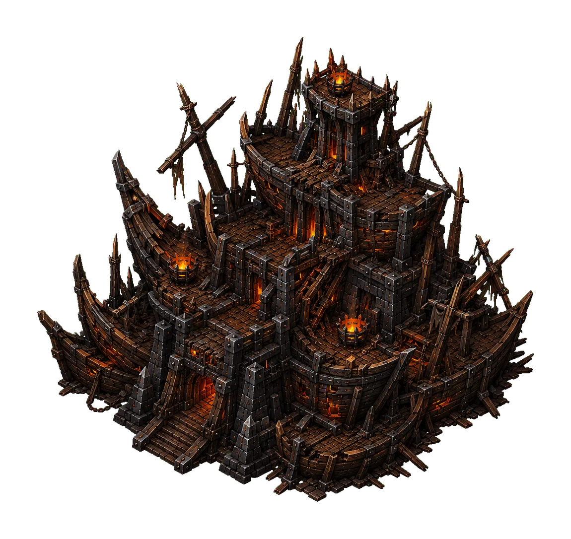 Concept art of a jagged fortress built from wrecked ship timber and iron spikes.