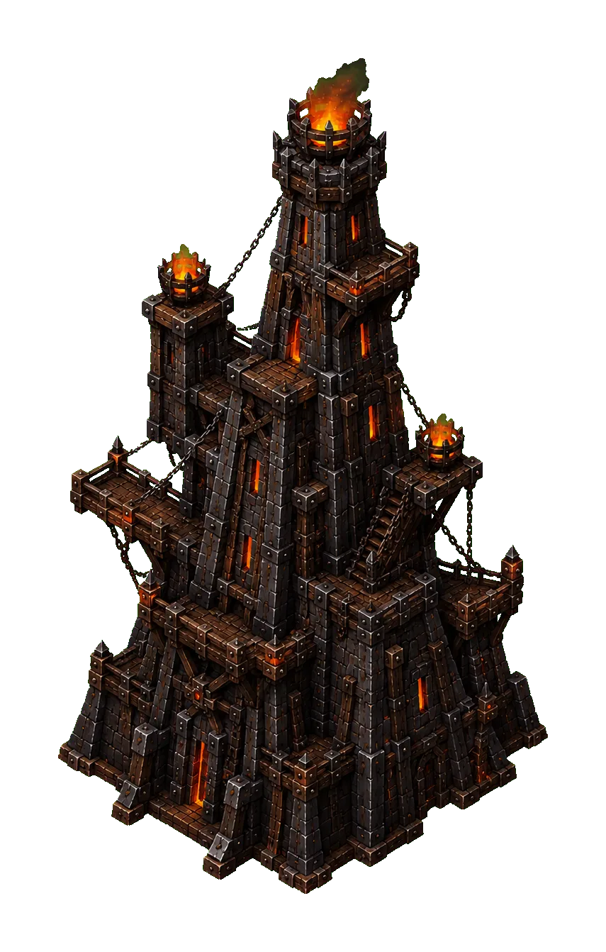 Concept art of a tall watchtower of dark stone and timber, braziers burning at its peaks.