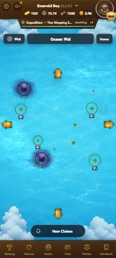 Ocean view with two dark Black Tide fortress islands glowing with purple lumen crystals among ordinary green islands