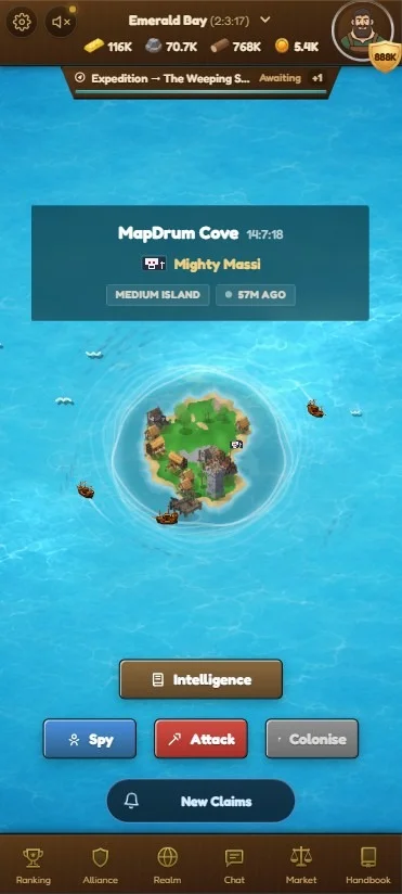 A built-up island with three warships circling it outside the foam ring