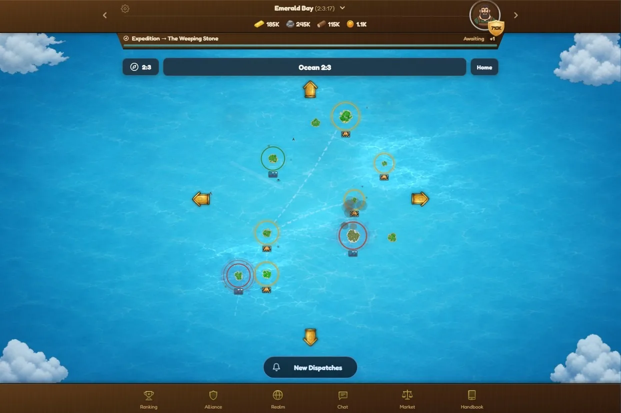 Region view showing islands with alliance rings, one island trailing smoke after an attack, and faint pale lane trails crossing the open water between islands