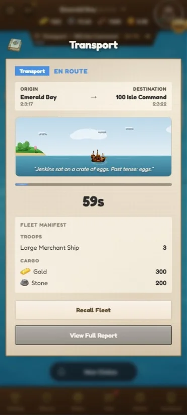 The transport screen for a shipment en route: origin and destination islands, a ship sailing between them, a countdown and the cargo manifest
