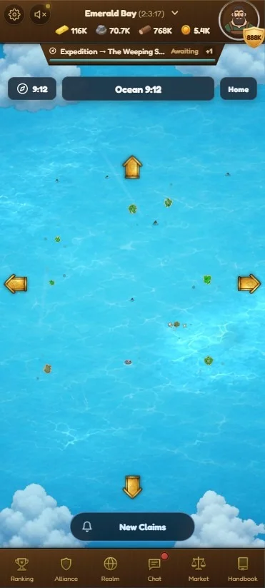 Ocean view with scattered small islands, one just right of centre catching faint white sparkles