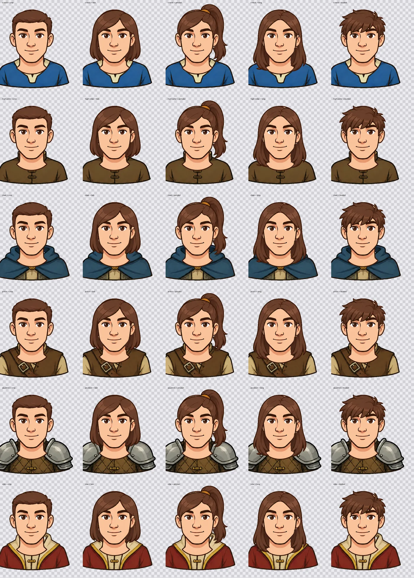 Six garments against five hairstyles
