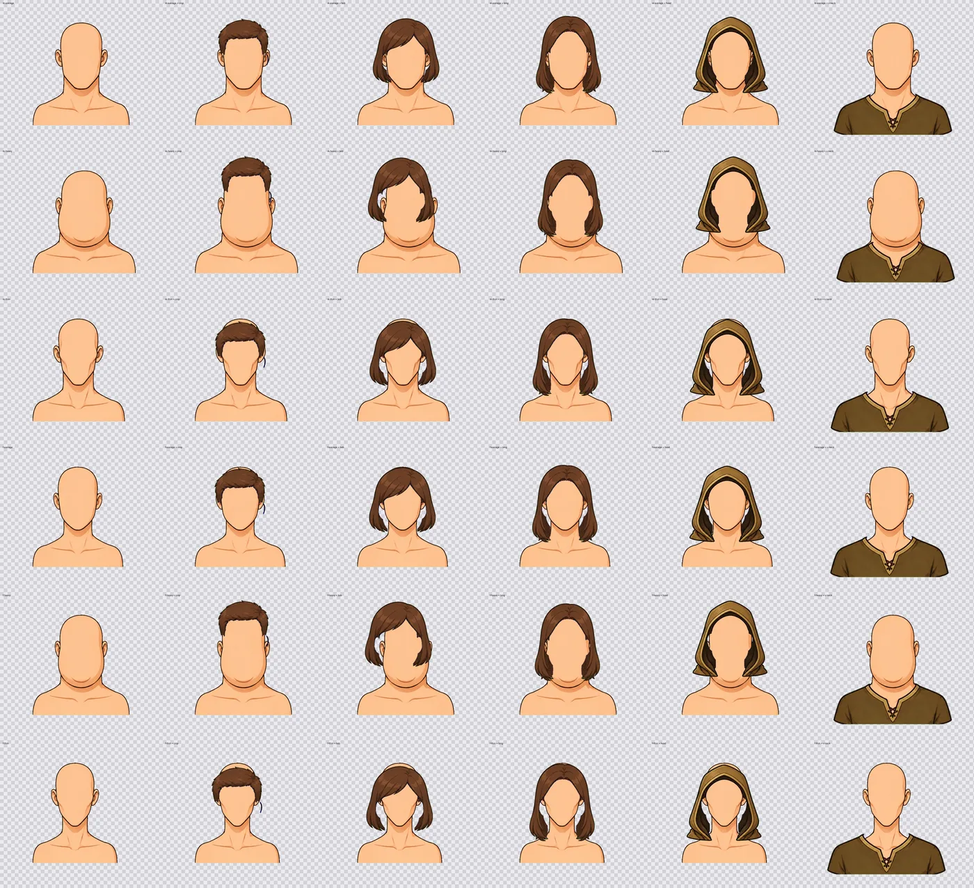 One set of parts, six head shapes