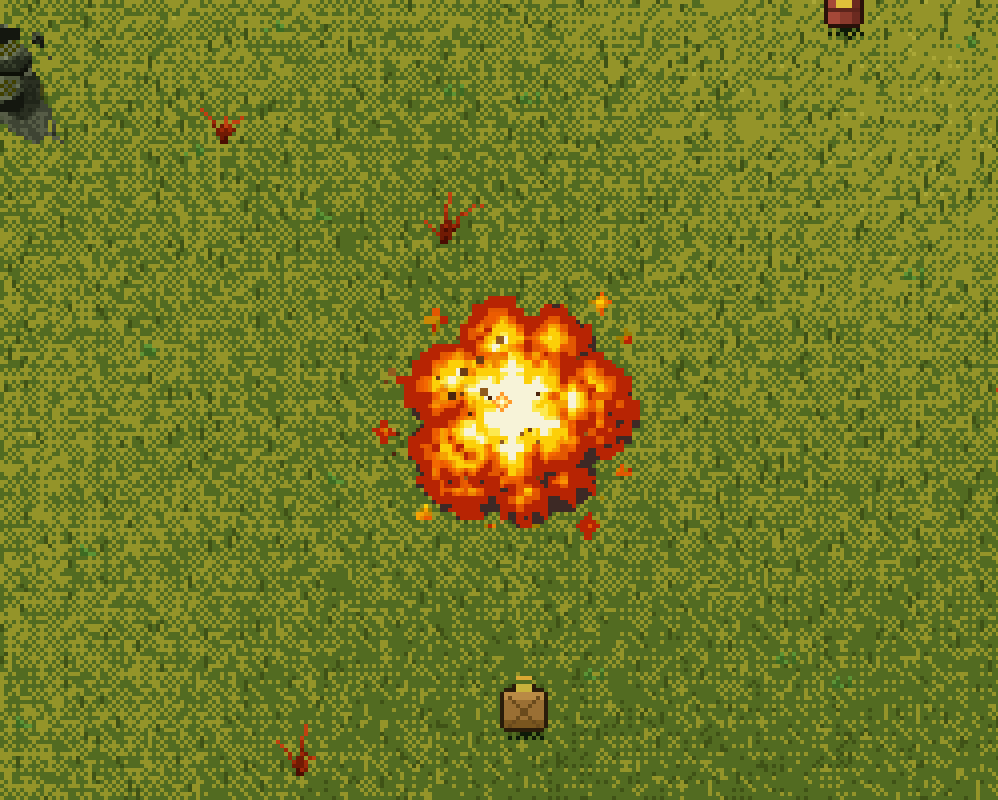 A barrel explosion four frames in, the crate beside it untouched