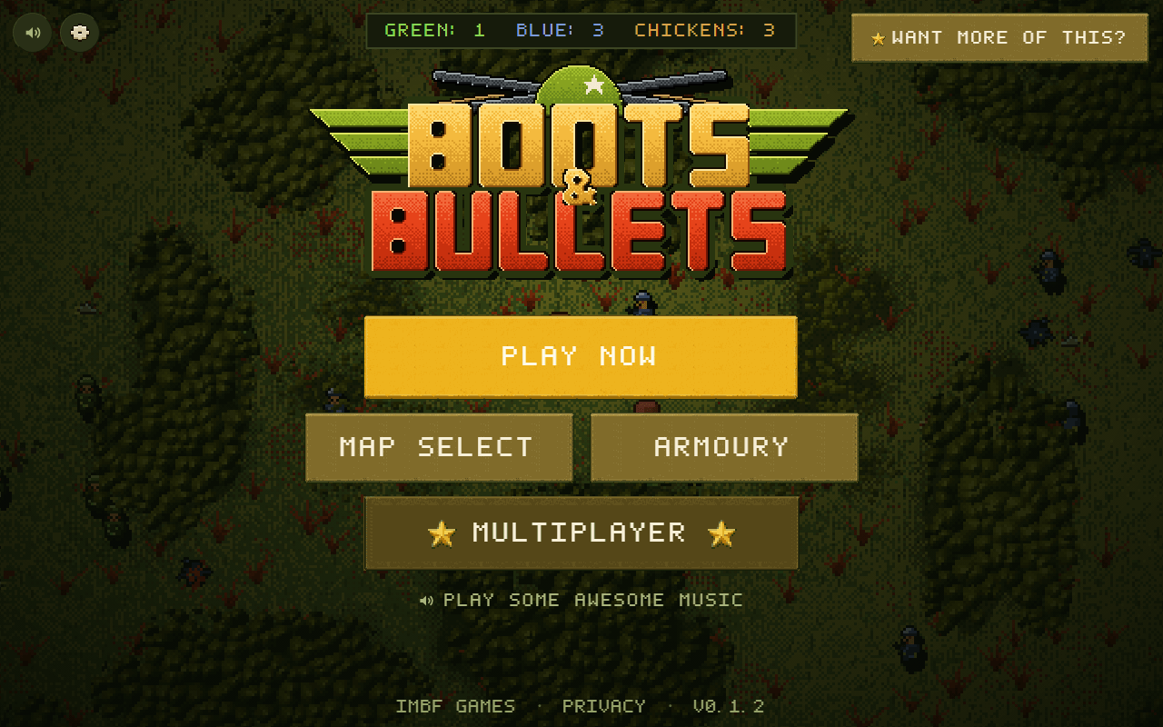 The Boots & Bullets front screen, with two AI sides fighting behind the menu
