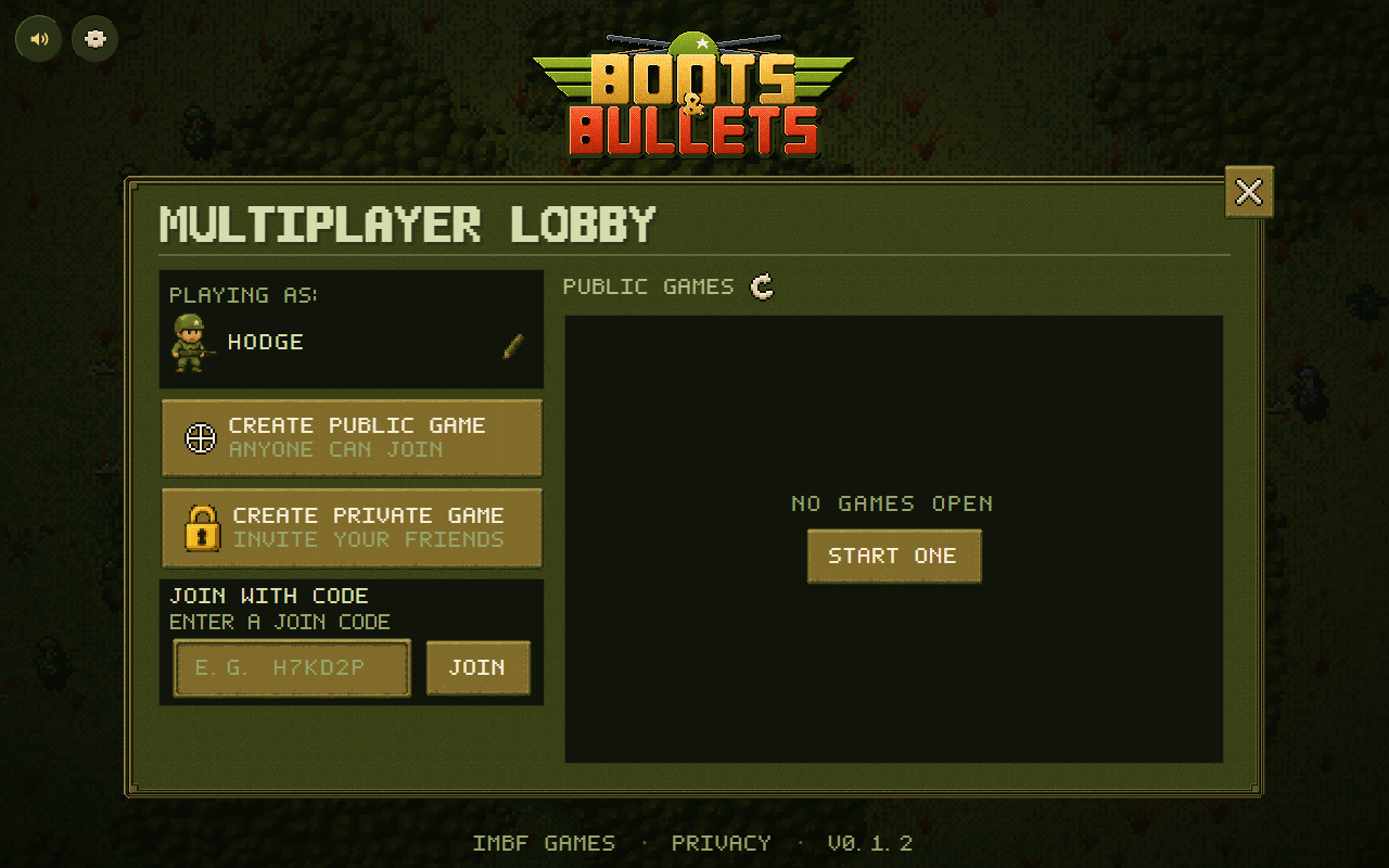 The multiplayer lobby: create a public or private game, or join with a code
