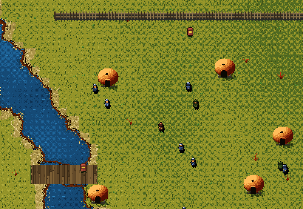 A village mission: river, plank bridge, thatched huts and enemy soldiers, all plotted from code