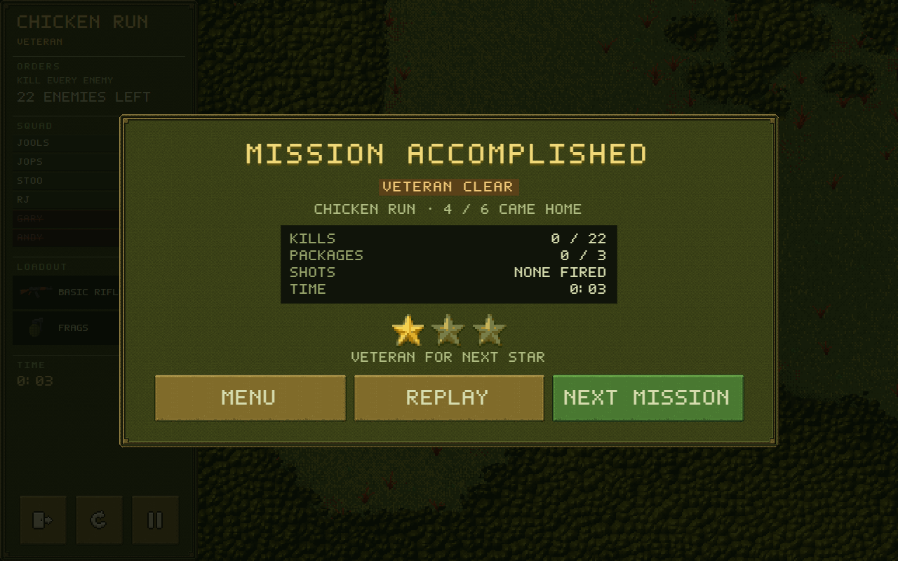 The mission accomplished panel: result, squad, four stats, stars, three buttons