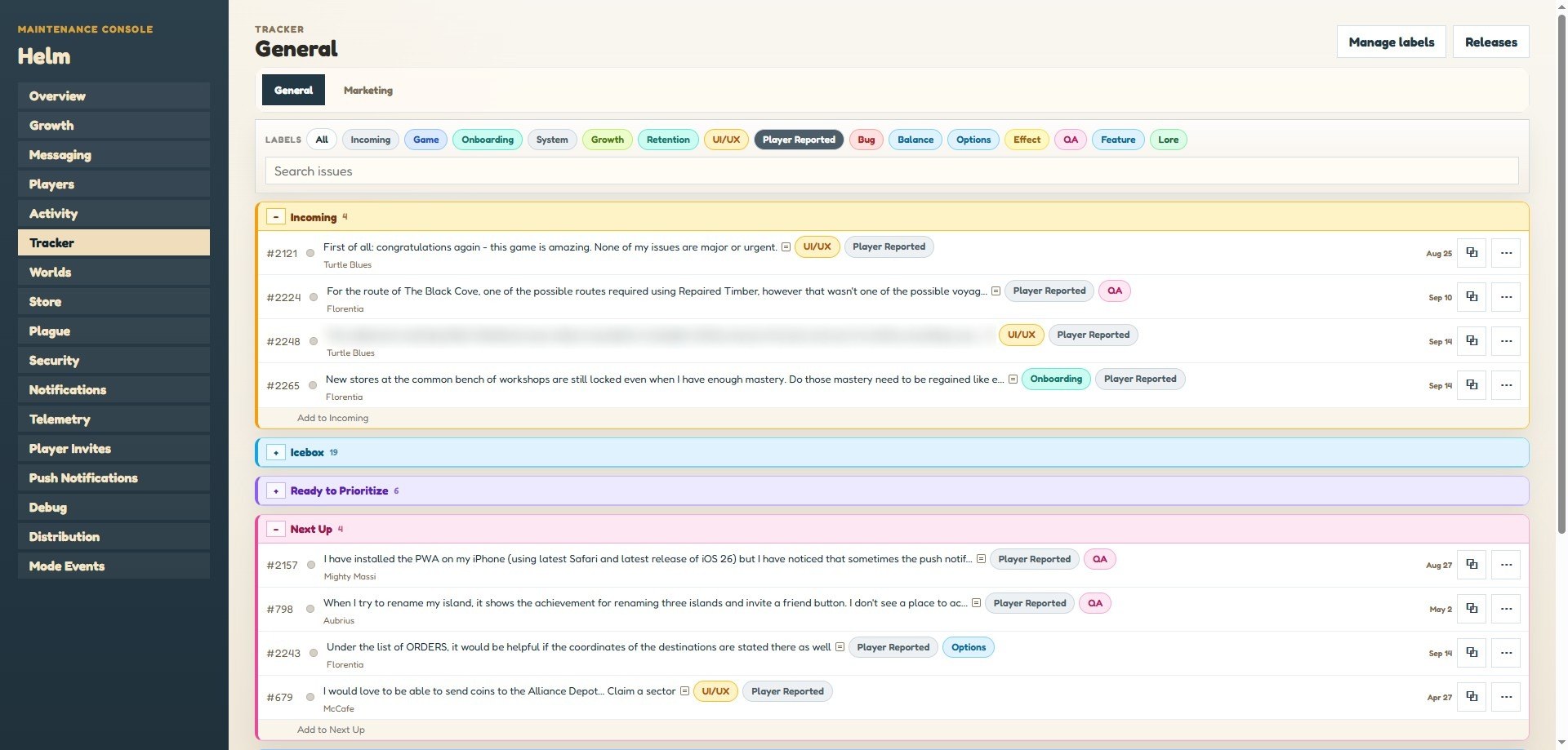 The task board filtered to player-reported cards, each showing the player who raised it
