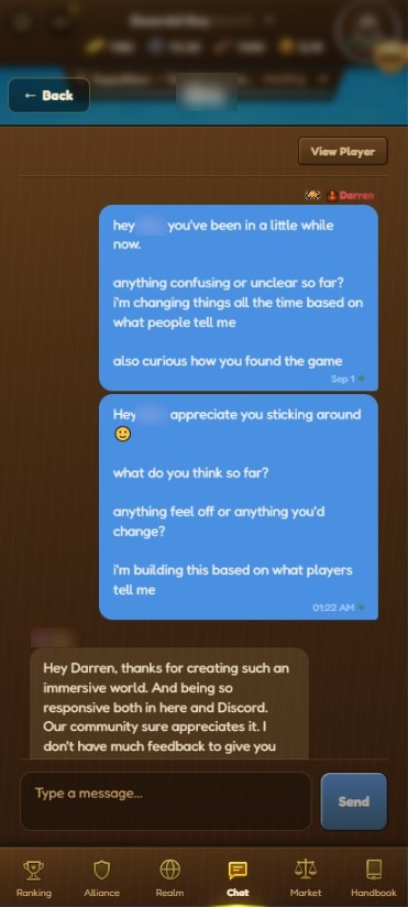 The welcome message in a player's in-game chat, followed two weeks later by the active player feedback message and the player's reply