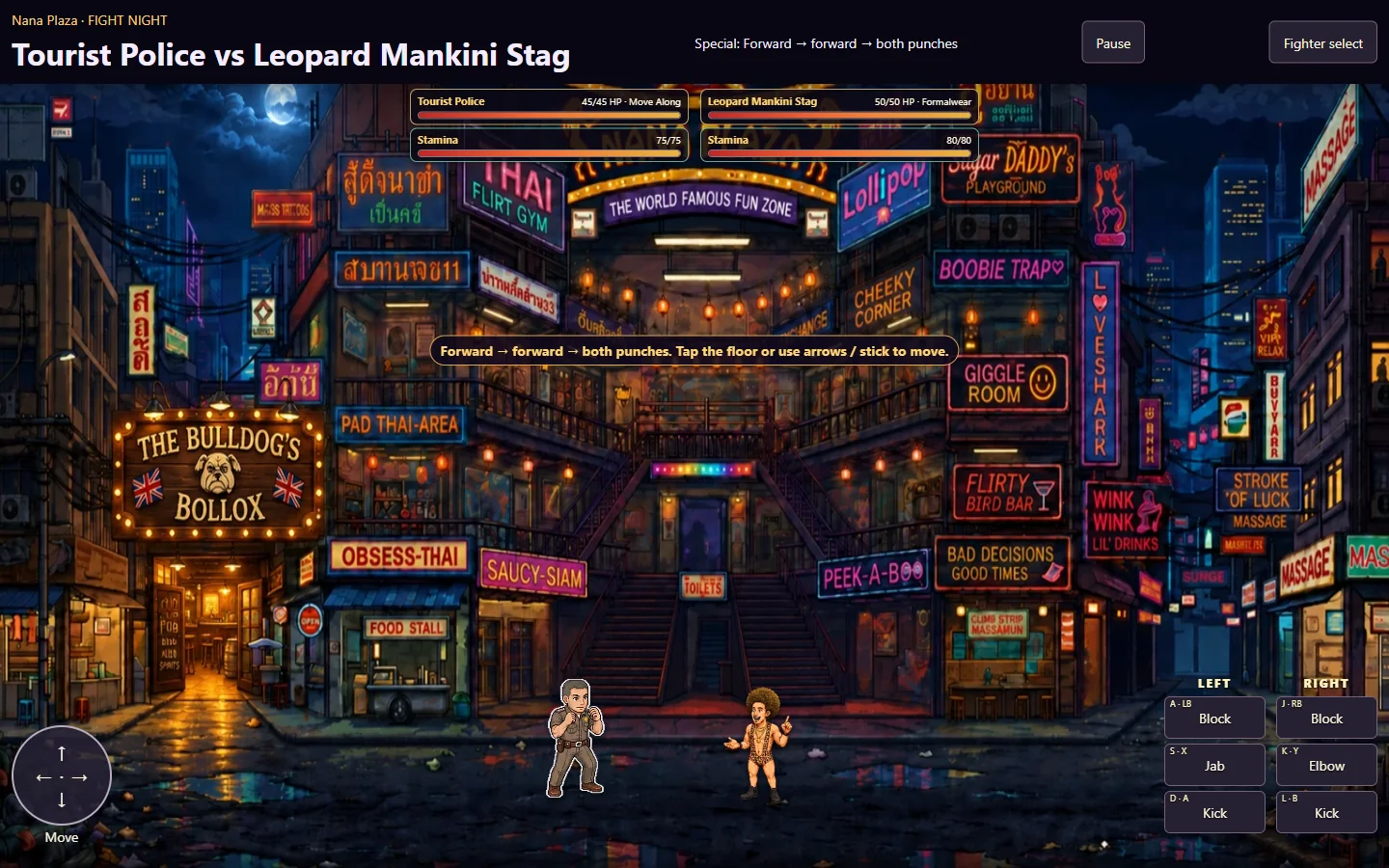 Bangkok Legends: a pixel-art street fight between a tourist police officer and a fighter in a leopard mankini, in front of neon bar signs in Nana Plaza