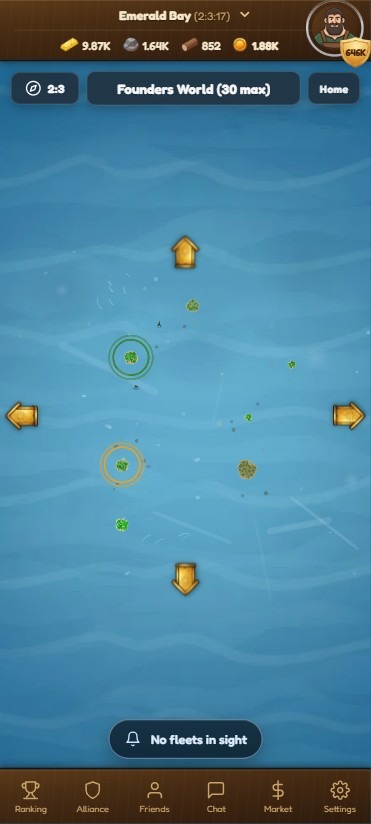 The early Founders World region map view: islands shown as plain green shapes on a flat blue sea