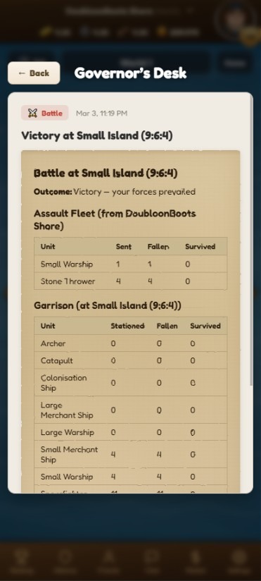 An early battle report headed Victory at Small Island, your forces prevailed, where every unit on both sides is listed as fallen with zero survivors