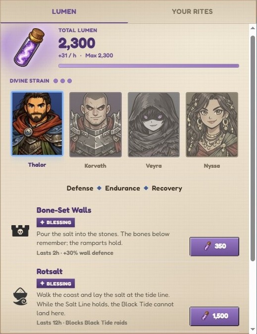 The Shrine in Inselnova with Thalor selected. The Rotsalt blessing costs 1,500 lumen, lasts 12 hours and blocks Black Tide raids.