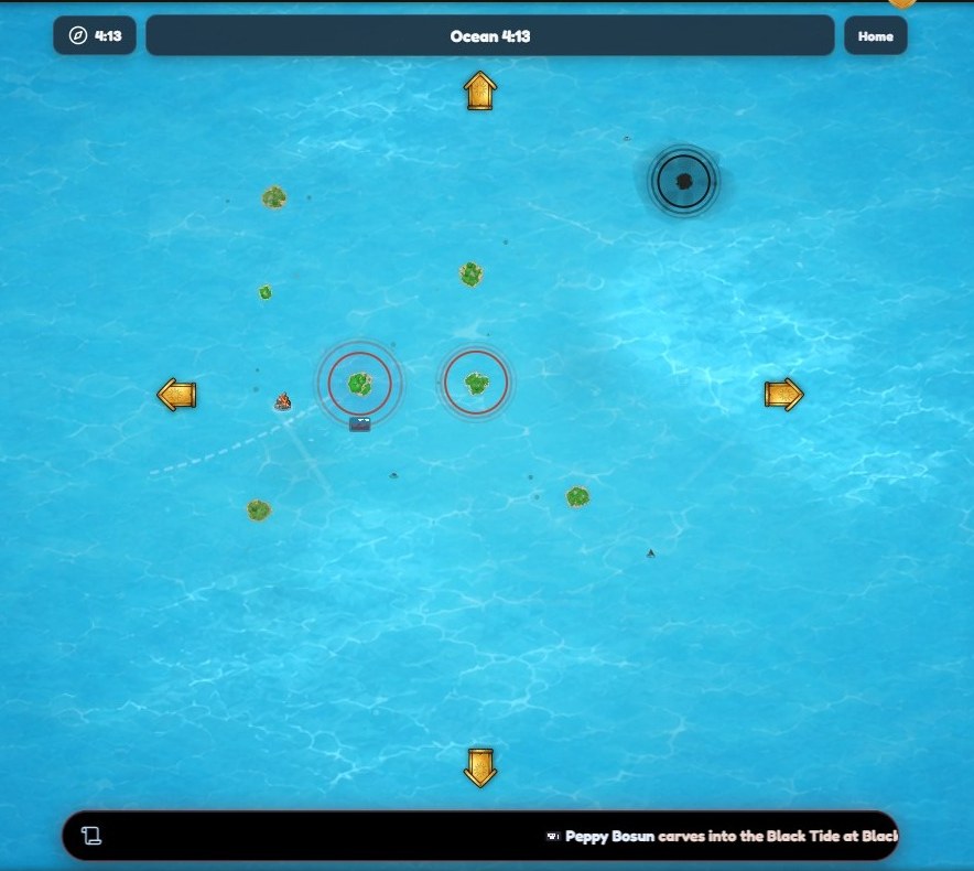 The ocean map in Inselnova showing green islands, two of them ringed in red, and a Black Tide island as a dark swirl in the water at the top right