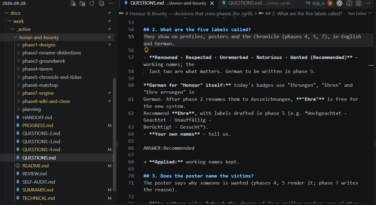 A questions file open in VS Code. Question 2 asks what the five labels are called, lists a recommended set of names, and under it the answer reads: ANSWER: Recommended. The sidebar shows the plan pack's eight phase folders and four questions files.