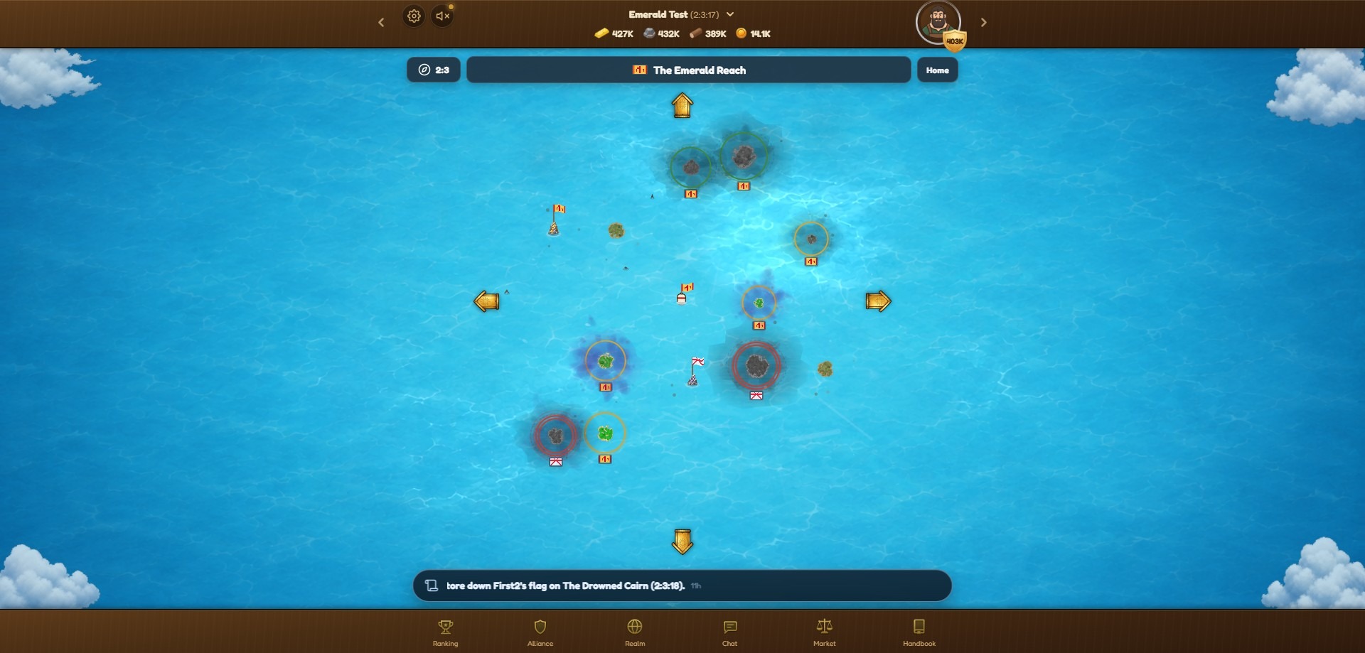 A region of the staging world, The Emerald Reach: a dozen islands and sea rocks on open water, several flying alliance flags, with a ticker line about a flag torn down on a rock